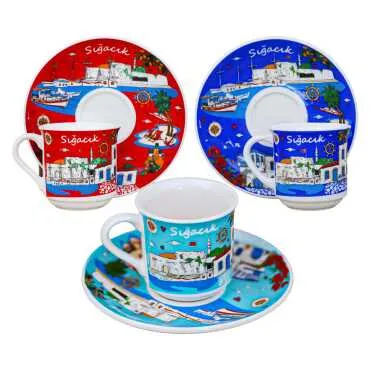 Sığacık Themed Porcelain Coffee Set for Two - 2