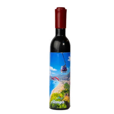 Alanya Themed Bottle Shaped Metal Wine Bottle Corkscrew Opener-Magnetic 115x25x25 mm
