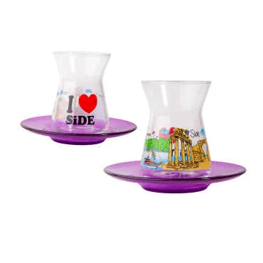 Side Themed Custom Printed Turkish Tea Glass Set Of 2 Pcs