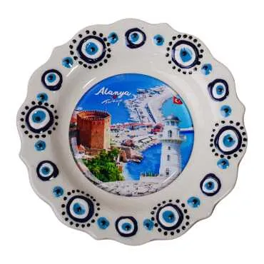 Alanya Themed Turkish Ceramic Plate With Epoxy 12 Cm - 7