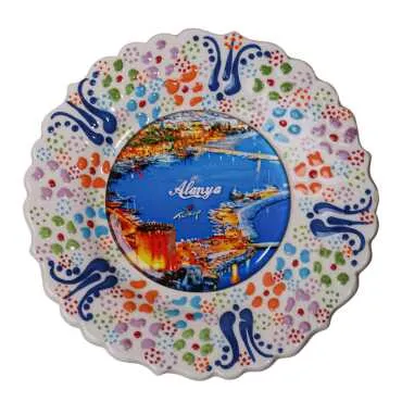 Alanya Themed Turkish Ceramic Plate With Epoxy 12 Cm - 14