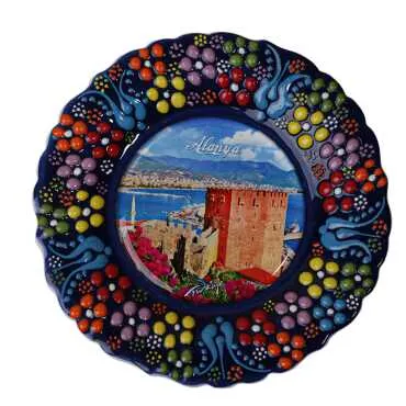 Alanya Themed Turkish Ceramic Plate With Epoxy 12 Cm - 15