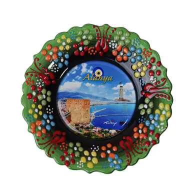 Alanya Themed Turkish Ceramic Plate With Epoxy 12 Cm - 16