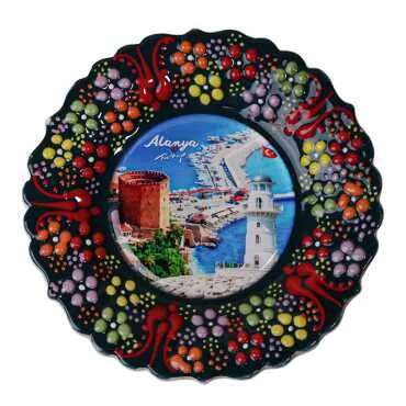 Alanya Themed Turkish Ceramic Plate With Epoxy 12 Cm - 17