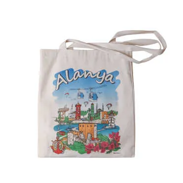 Toptan Alanya Temalı Dijital Baskılı Ham Bez Çanta 35x40 cm - 7