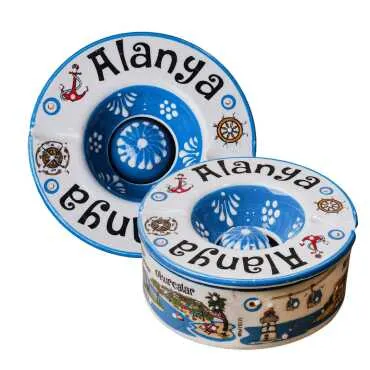 Alanya Themed Traditional Ceramic Lidded Small Ashtray 110 mm - Standart