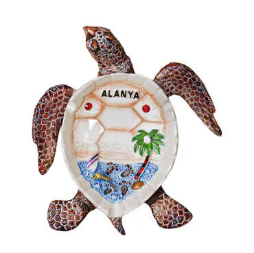 Alanya Themed Mother of Pearl Stone Decorated Large Polyester Turtle Ashtray 13.5*12 cm