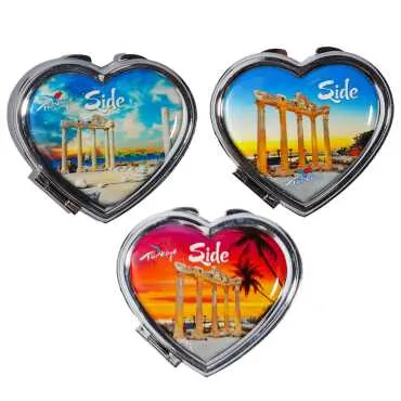 Side Themed Customised Metal Epoxy Travel Make Up Compact Heart Shaped Mirror 70x65x8 mm - 3
