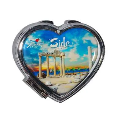 Side Themed Customised Metal Epoxy Travel Make Up Compact Heart Shaped Mirror 70x65x8 mm - 6