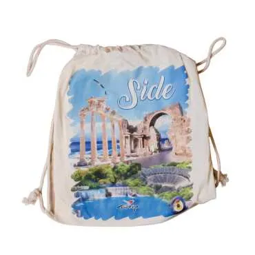 Side Themed Digital Print Cotton Drawstring Backpack 33x43 cm