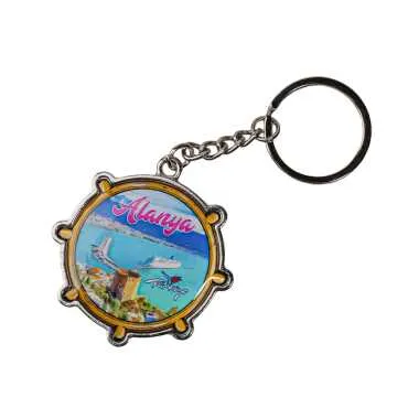 Alanya Themed Steering Wheel Shaped Metal Keychain - 6
