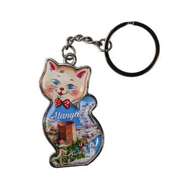 Alanya Temalı Kedi Şekilli Metal Anahtarlık