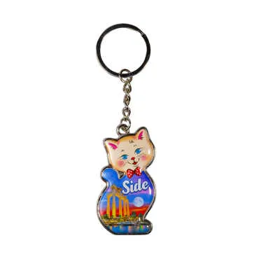 Side Themed Cat Shaped Metal Keychain