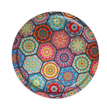 Mandala Themed Round Metal Tray 28 cm
