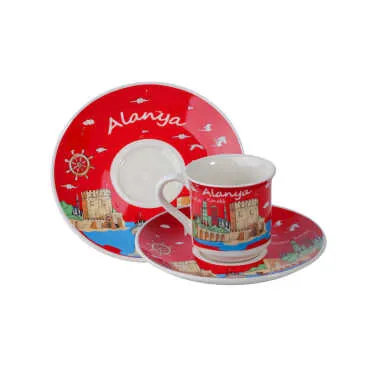Alanya Themed Porcelain Coffee Set for Two - 5