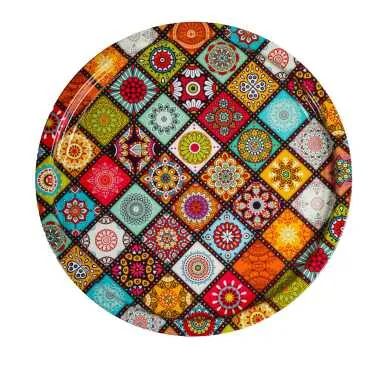 Mandala Temalı Metal Yuvarlak Tepsi 35 Cm