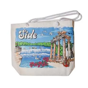 Side Themed Digital Print Canvas Beach Bag 35x40 cm - 6