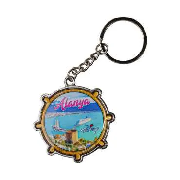 Alanya Themed Steering Wheel Shaped Metal Keychain - 3