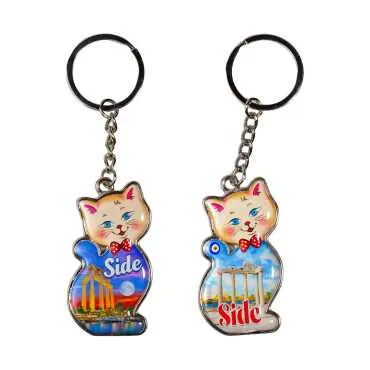 Side Themed Cat Shaped Metal Keychain - 2