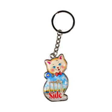Side Themed Cat Shaped Metal Keychain - 3
