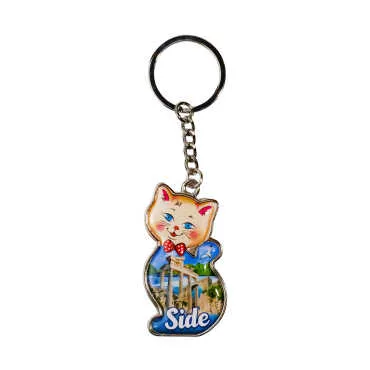 Side Themed Cat Shaped Metal Keychain - 5