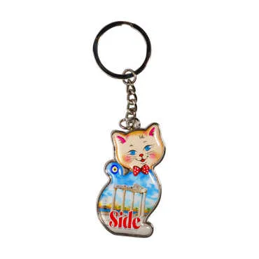 Side Themed Cat Shaped Metal Keychain - 6