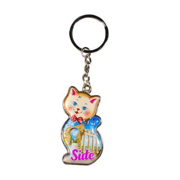 Side Themed Cat Shaped Metal Keychain - 7