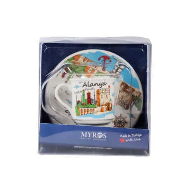 Alanya Themed Single Porcelain Coffee Cup - 4
