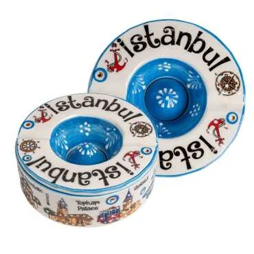 İstanbul Themed Traditional Ceramic Lidded Small Ashtray 110 mm