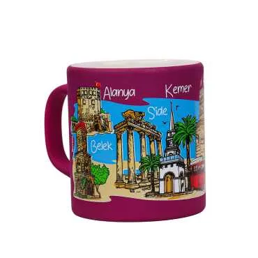 Wholesale Antalya Region Themed Ceramic Colorful Printed Mug Model B 82x90 mm