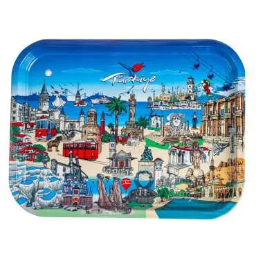 Türkiye Temalı Metal Dikdörtgen Büyük Tepsi 29,5*22,5 Cm