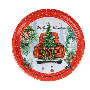 Christmas Themed Round Metal Tray 28 cm - 4