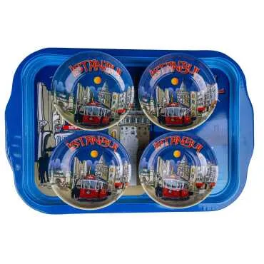 Istanbul Themed Large Metal Tray with Four Bowl Set - 3
