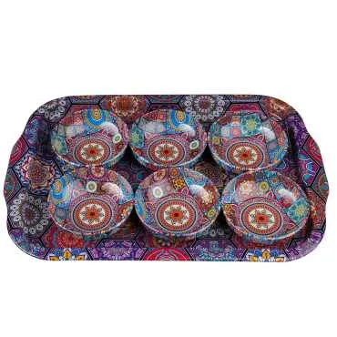 Mandala Themed Large Metal Tray Six Piece 95 mm Bowl Set - 5