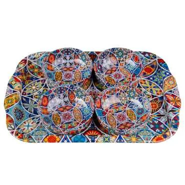 Mandala Themed Large Metal Tray with Four Bowl Set - Standart - 2