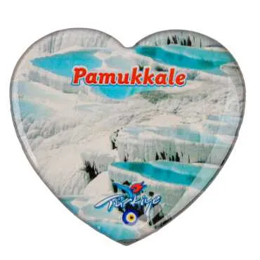 Pamukkale Themed Myros Heart Refrigerator Magnet 65x60 mm