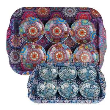 Mandala Themed Large Metal Tray Six Piece 95 mm Bowl Set - 2