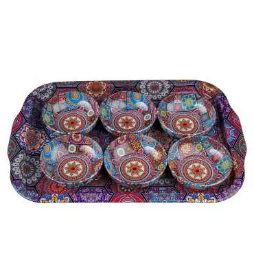 Mandala Themed Large Metal Tray Six Piece 95 mm Bowl Set - 4