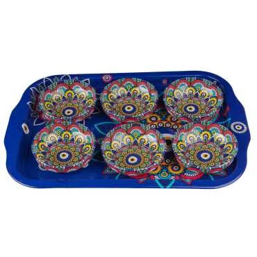 Evil Eye Themed Large Metal Tray Six Piece 95 mm Bowl Set - 6