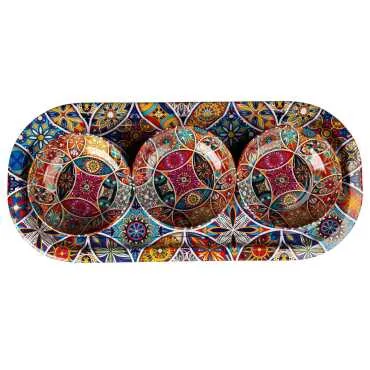 Mandala Temalı Metal Oval Tepsi-Üçlü Kase Seti - 4