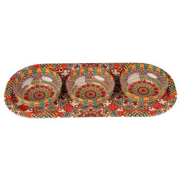 Mandala Temalı Metal Oval Tepsi-Üçlü Kase Seti - 5