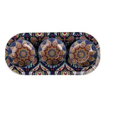 Mandala Temalı Metal Oval Tepsi-Üçlü Kase Seti - 10