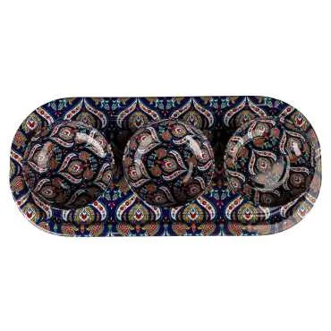 Mandala Temalı Metal Oval Tepsi-Üçlü Kase Seti - 11