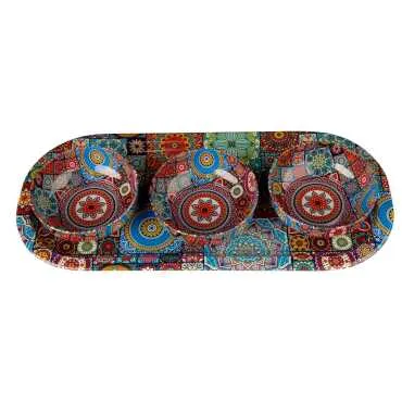 Mandala Temalı Metal Oval Tepsi-Üçlü Kase Seti - 12