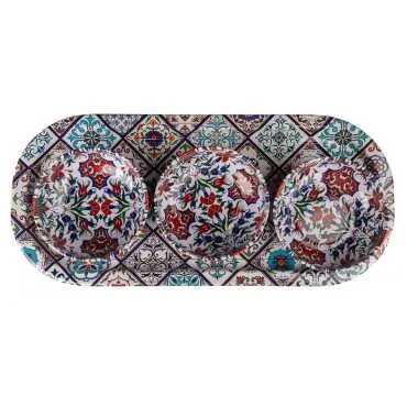 Mandala Temalı Metal Oval Tepsi-Üçlü Kase Seti - 14