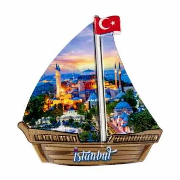 Istanbul Themed Customised UV Printed Plastic Base Sail Ship Shaped Fridge Magnet 77x80 mm - 7