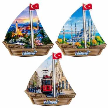 Istanbul Themed Customised UV Printed Plastic Base Sail Ship Shaped Fridge Magnet 77x80 mm - 3