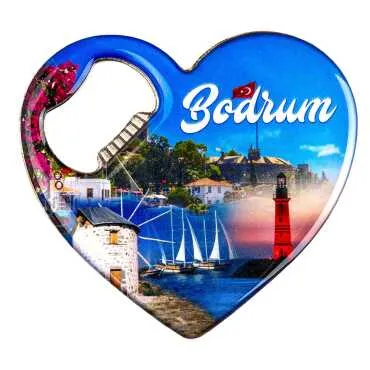 Bodrum Temalı Myros Metal Kalp Açacak Magnet 85x76 mm