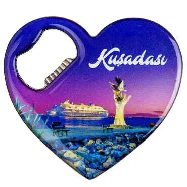 Kuşadası Temalı Myros Metal Kalp Açacak Magnet 85x76 mm