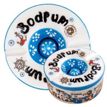Bodrum Temalı Yöresel Seramik Kapaklı Küçük Küllük 110 Mm